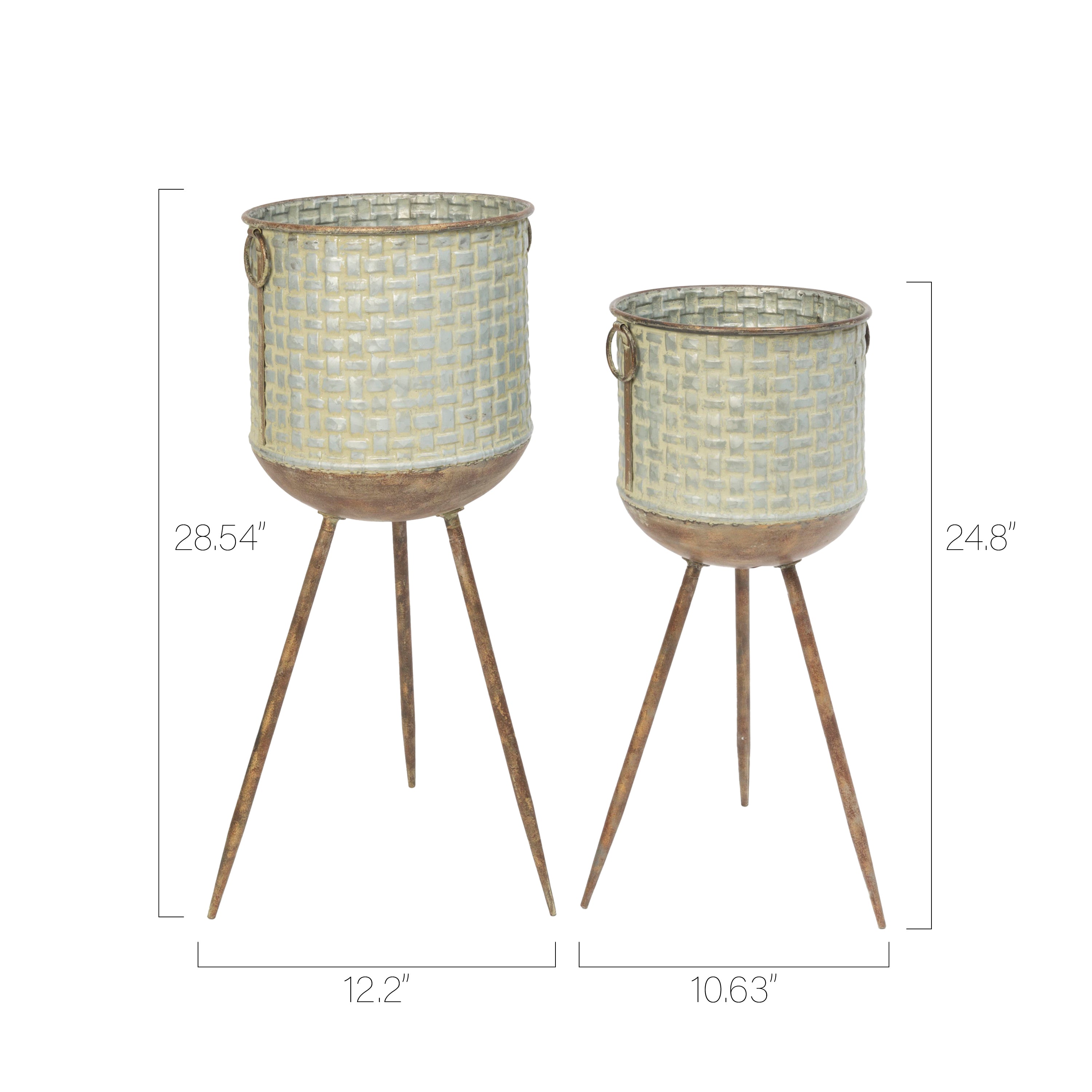Set of 2 Round Galvanized Planters with Embossed Weave Pattern and Stand